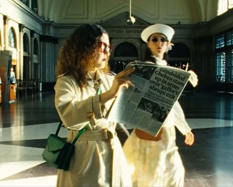 Two women in vintage-style clothing at an indoor train station, one reading a newspaper, bathed in soft natural light.