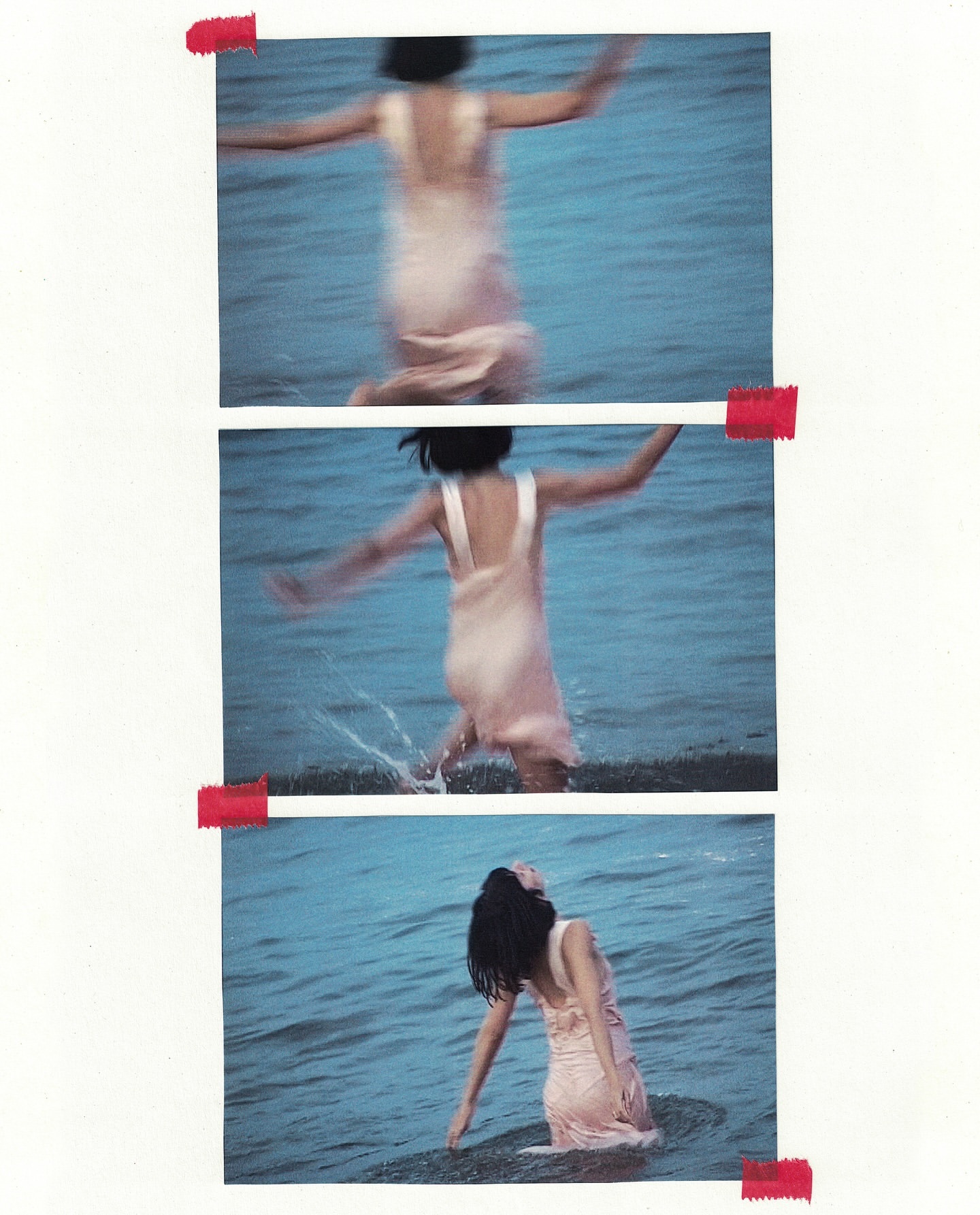Three panels show a woman in a pink dress running into the ocean, arms outstretched, hair dark and wet, against a blue water backdrop.