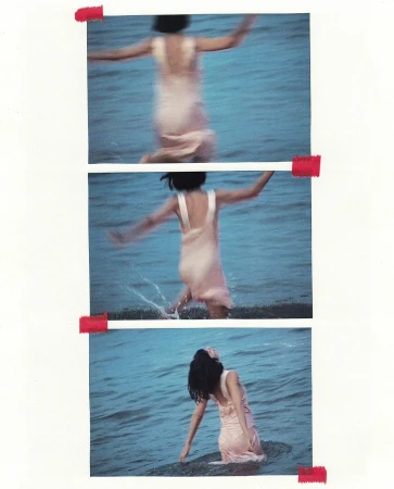 Three panels show a woman in a pink dress running into the ocean, arms outstretched, hair dark and wet, against a blue water backdrop.
