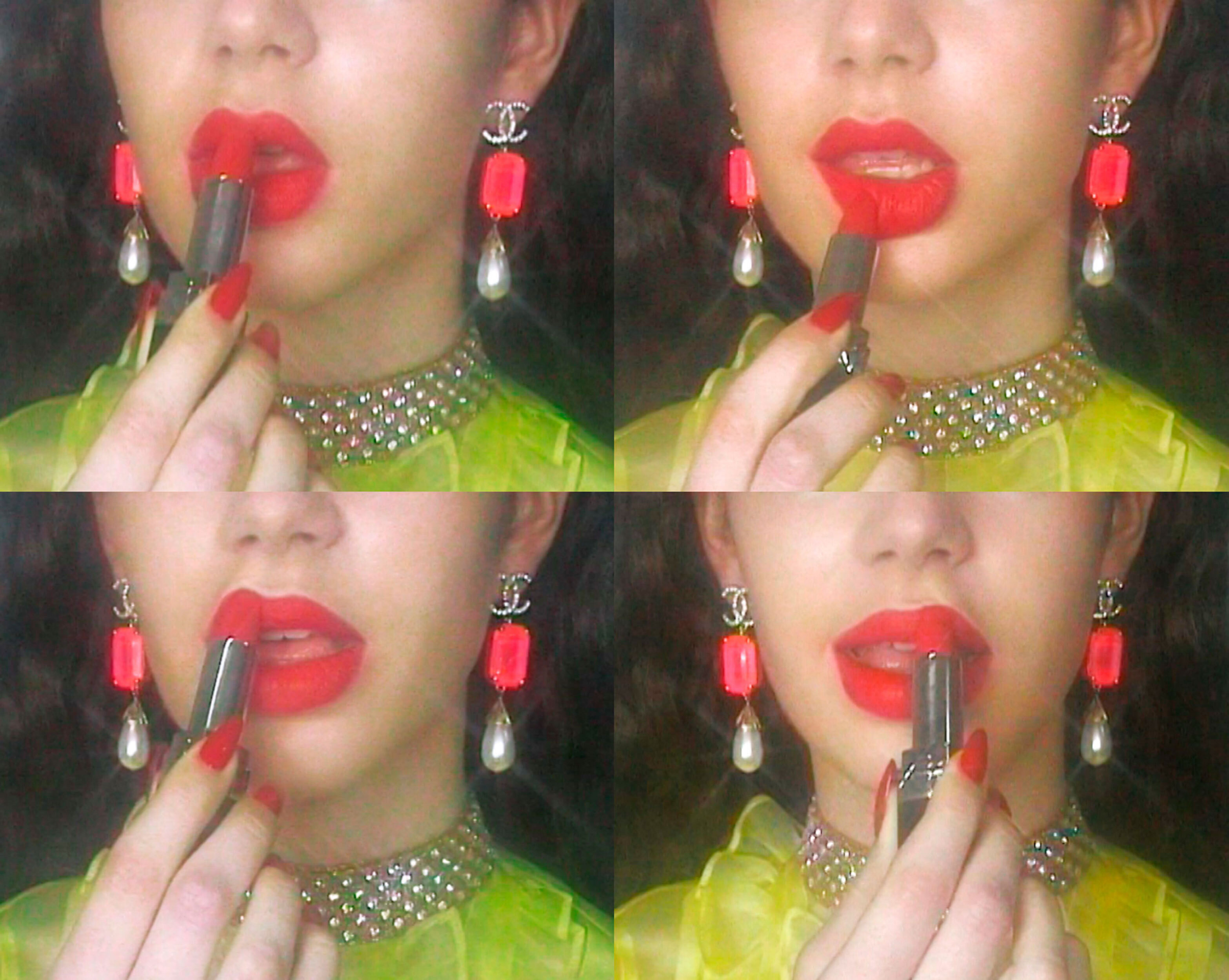 A young woman applies bright red lipstick while wearing statement earrings and a jeweled collar in a tightly cropped, four-panel beauty shot.