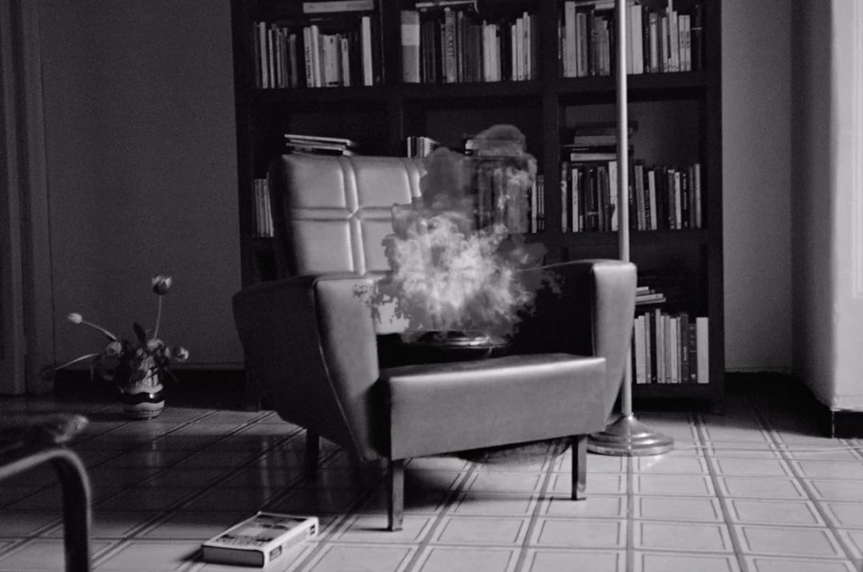 Black and white image of an armchair with smoke, a bookcase filled with books, and a vase with flowers in an indoor setting.