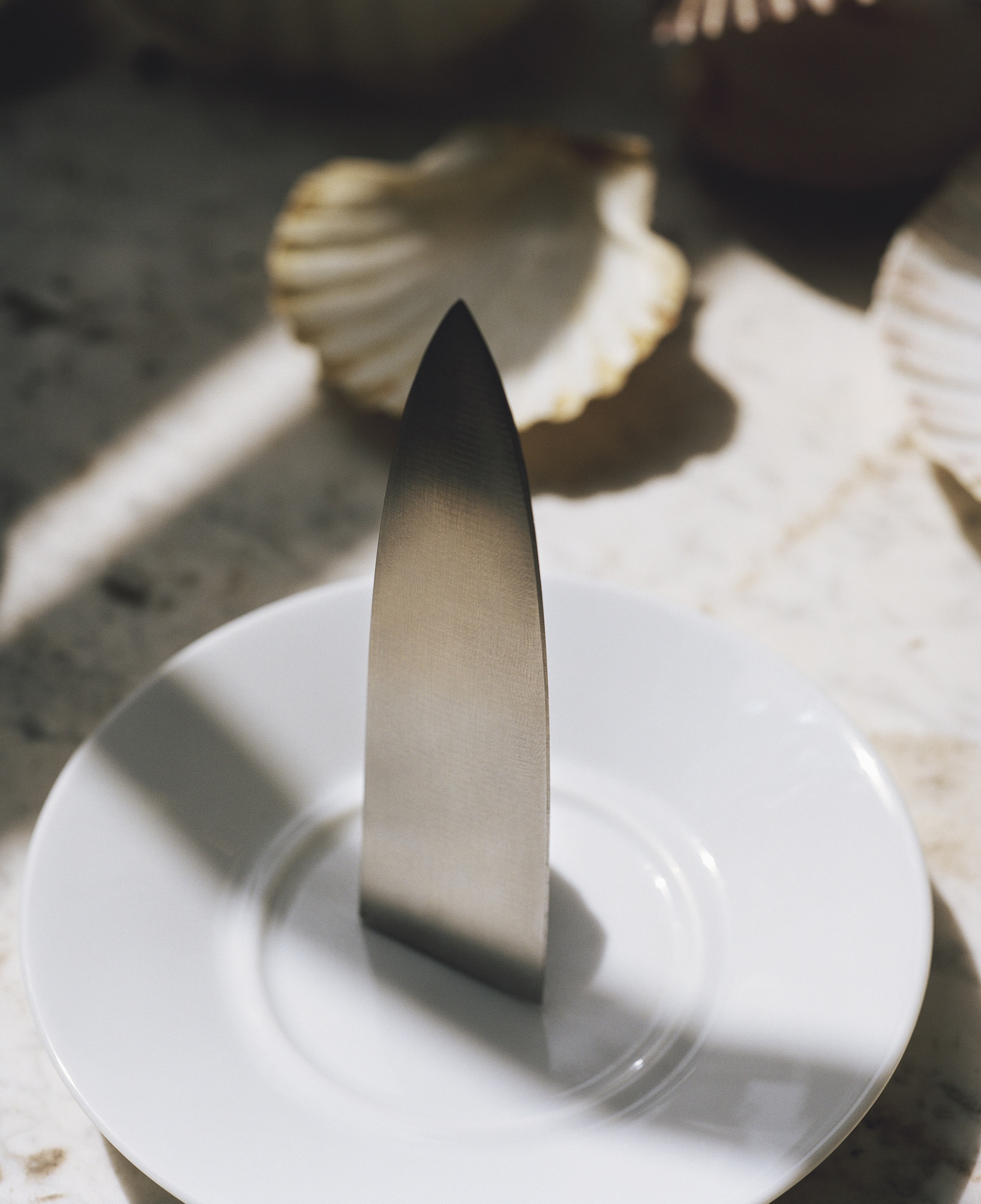 Shiny silver knife stands upright on a white plate with scallop shells scattered in the background creating a minimalist food still life.