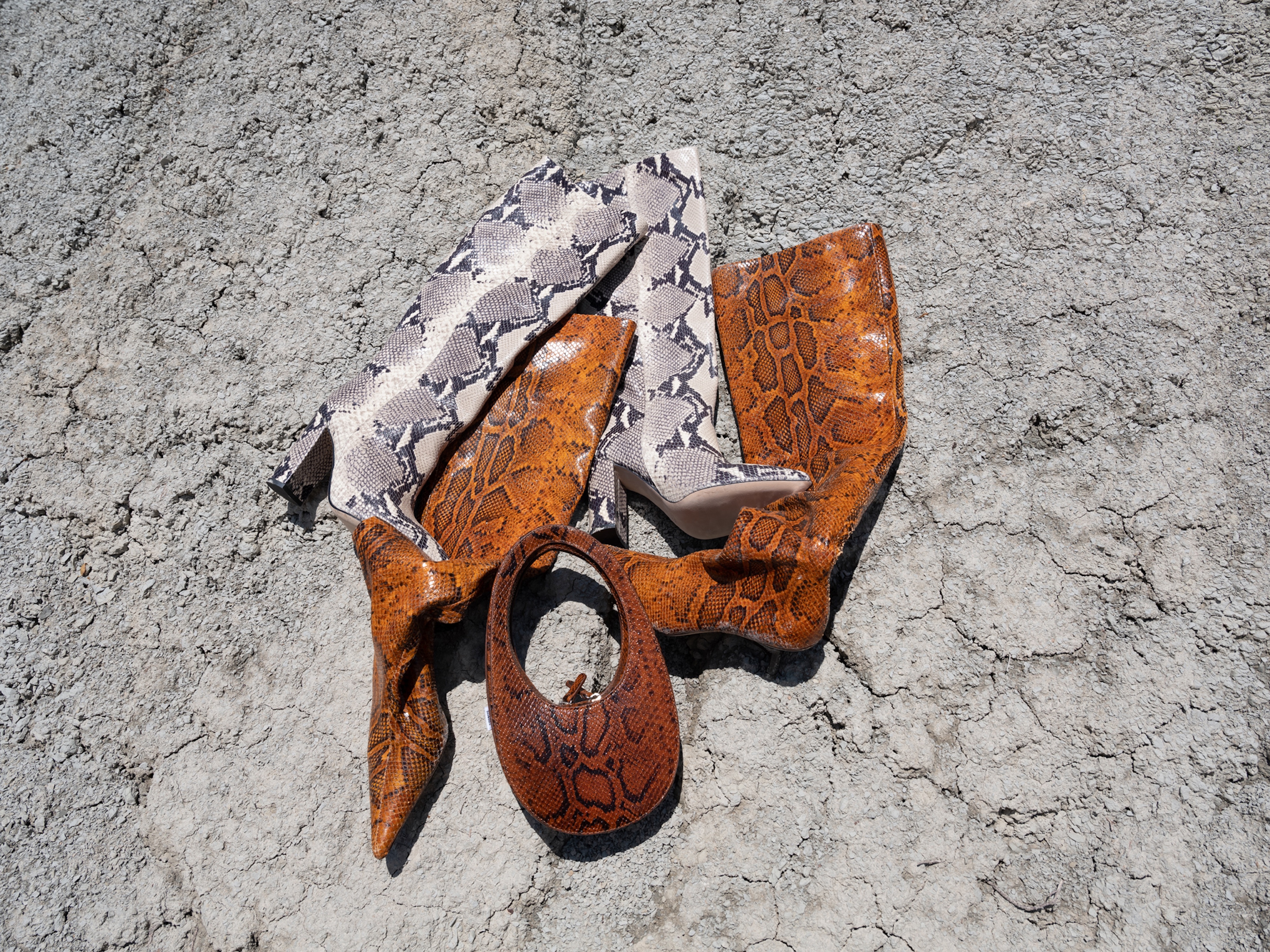 Fashionable snake print knee-high boots and handbag displayed on cracked earth for editorial use, conveying luxury and high style.