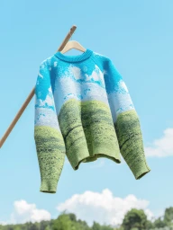 A knitted sweater with a green hill and blue sky landscape pattern hanging on a wooden pole outdoors against a clear blue sky