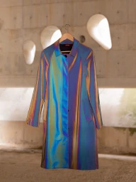 An iridescent waterproof coat hangs on a wooden hanger against a textured concrete wall with abstract glowing lighting fixtures.