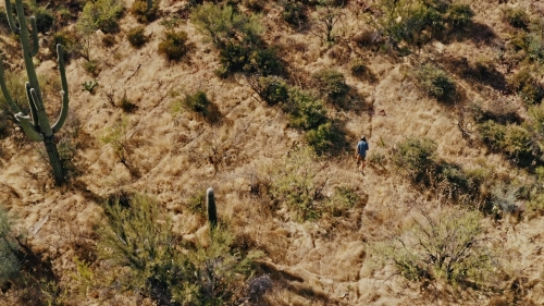 Person hikes through the arid desert landscape with cacti and dry vegetation in the daytime under natural lighting conditions.