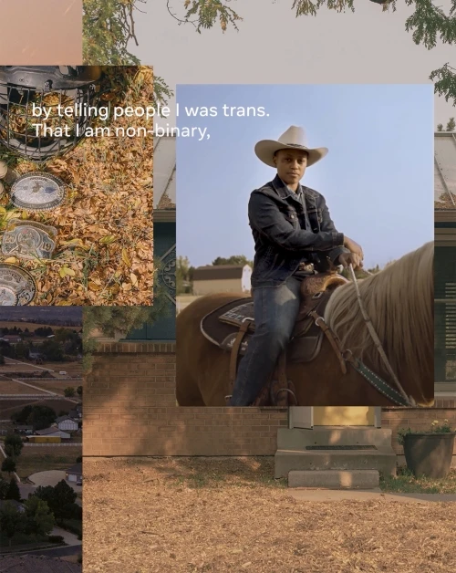 Person on horseback wearing cowboy hat, denim jacket and blue jeans; brick house and green foliage with graphic design overlay.