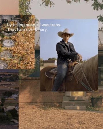 Person on horseback wearing cowboy hat, denim jacket and blue jeans; brick house and green foliage with graphic design overlay.