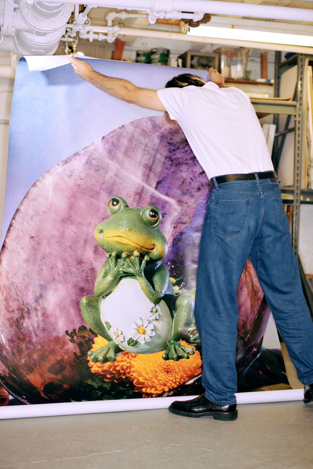 Man adjusts a large photo print featuring a whimsical frog on a flower. Image is indoors with overhead lighting and minimal decor.