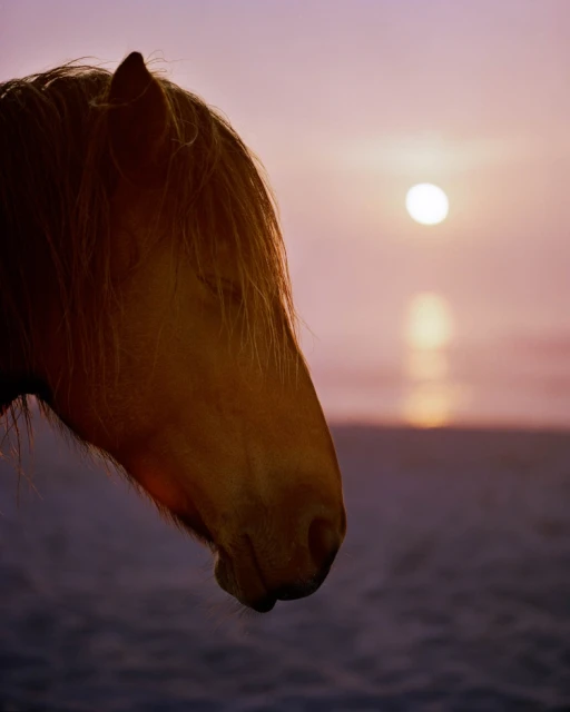 Close-up of a horse head in silhouette against a sunset over the ocean. The sun reflects off the water in a vertical stripe.