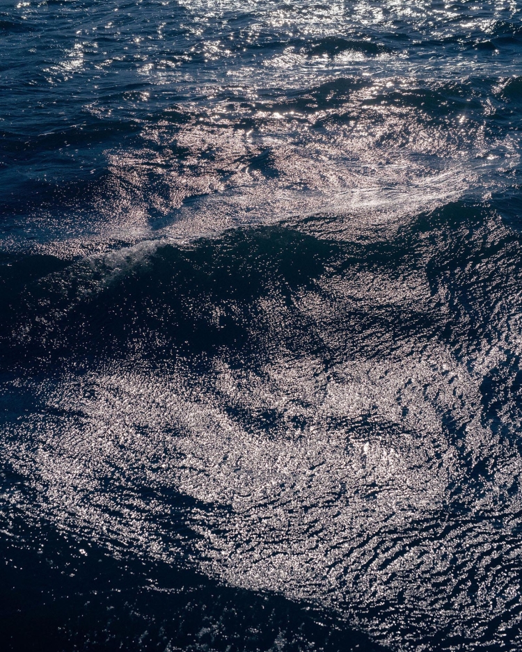 Sunlight glimmers on the surface of a dark blue, gently rippling ocean. Waves and sea foam textures create a dynamic water scene.