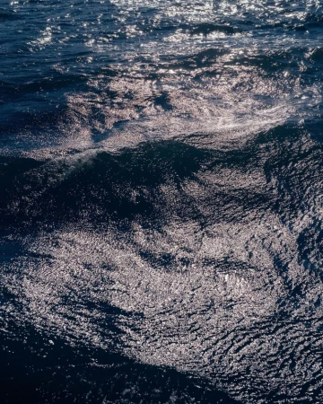 Sunlight glimmers on the surface of a dark blue, gently rippling ocean. Waves and sea foam textures create a dynamic water scene.
