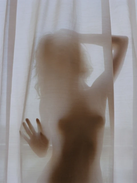 Silhouette of a woman behind sheer white curtains, hand resting on the fabric, soft light creating an intimate, artistic atmosphere.