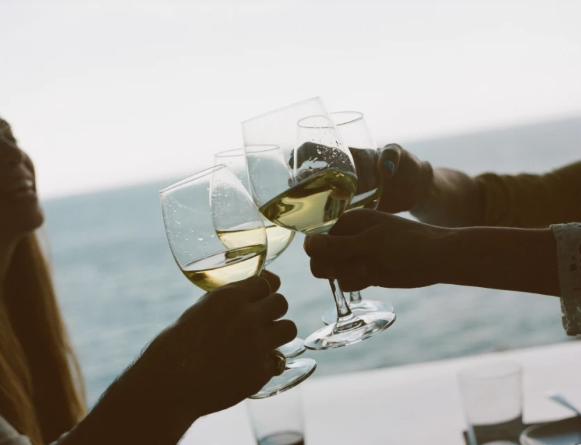 People toasting with glasses of white wine near the ocean during daytime, creating a celebratory mood for food and beverage imagery.