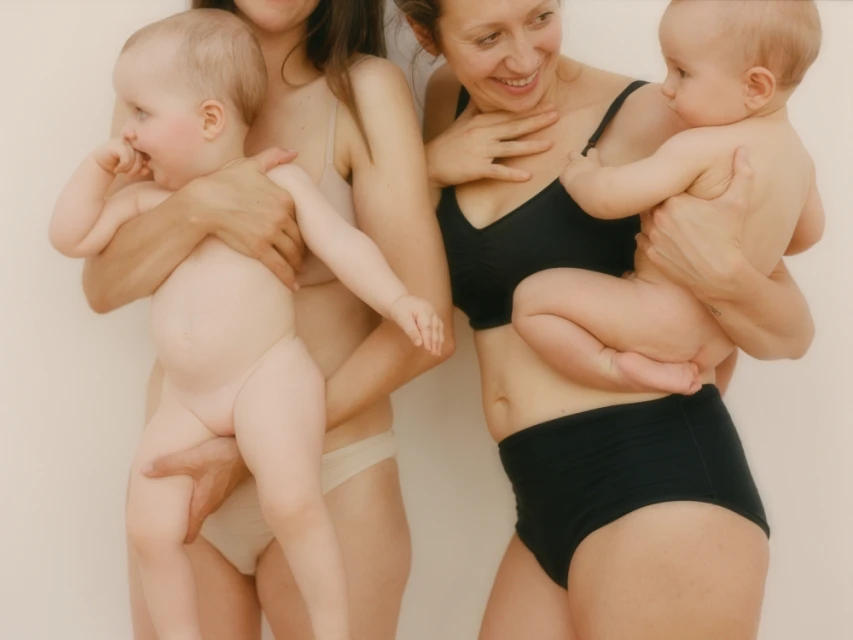 Two young women in underwear holding babies in a photo studio, smiling. The soft lighting creates a nurturing and familial atmosphere.