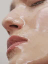 Close-up profile portrait of a woman's face covered in clear glistening liquid with natural light against a neutral background