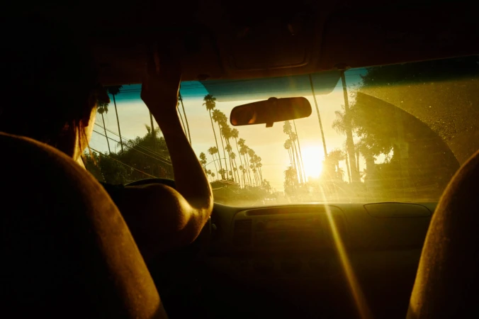 View from inside car shows adult driving toward bright sun on palm tree-lined street. Interior view with strong light creates warm glow.