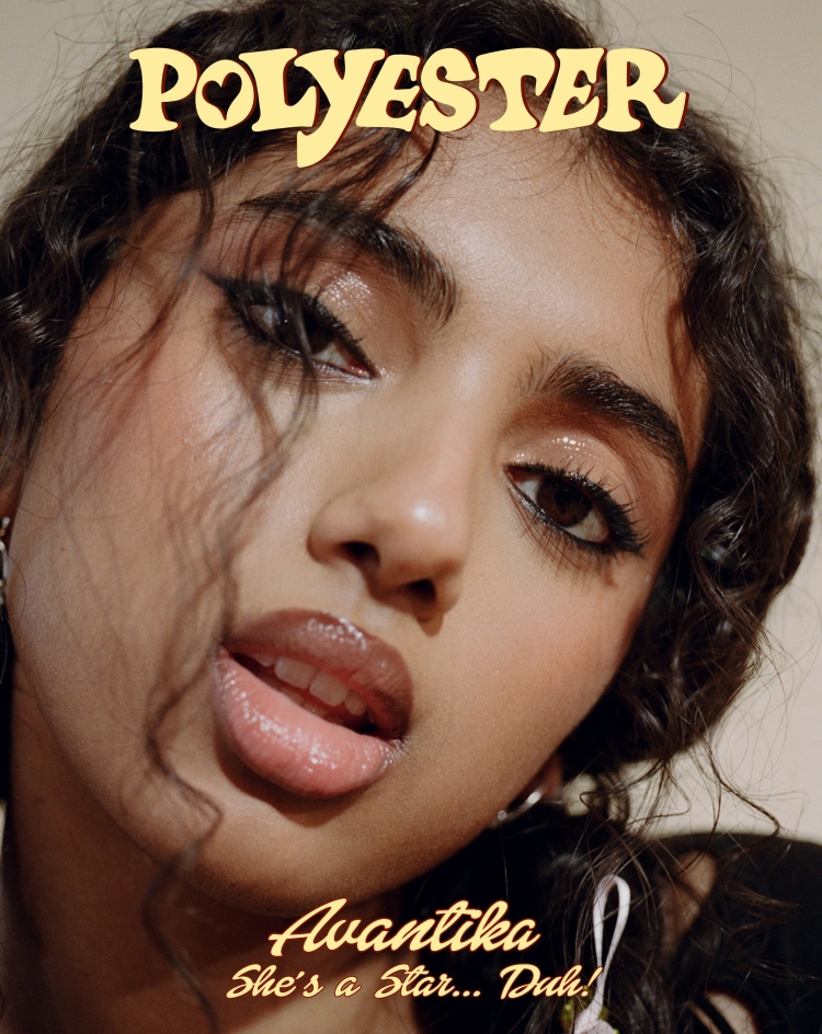 Close-up portrait of a young woman with dark curly hair and dramatic winged eyeliner, featured on the cover of Polyester magazine.
