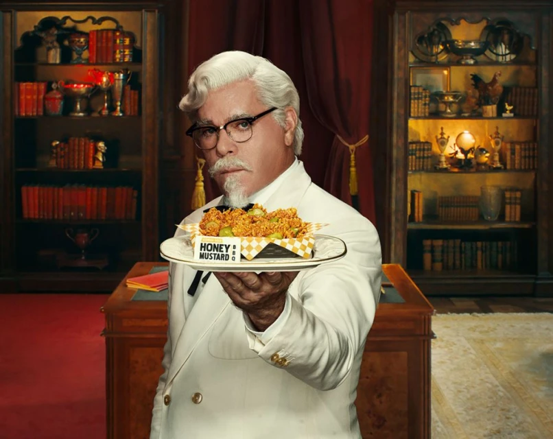 Man resembling Colonel Sanders holds plate of fried chicken drizzled with honey mustard in a room with vintage decor.