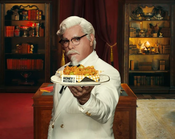 Man resembling Colonel Sanders holds plate of fried chicken drizzled with honey mustard in a room with vintage decor.