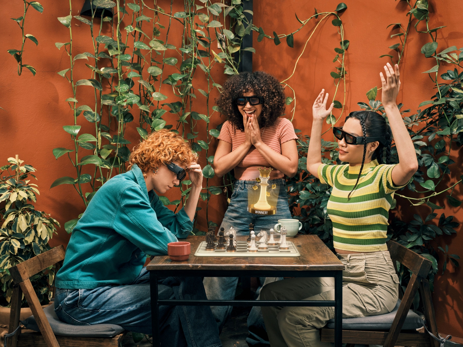 Three young adults in smart glasses playing chess on outdoor patio surrounded by greenery and terracotta walls, enjoying a casual game together.