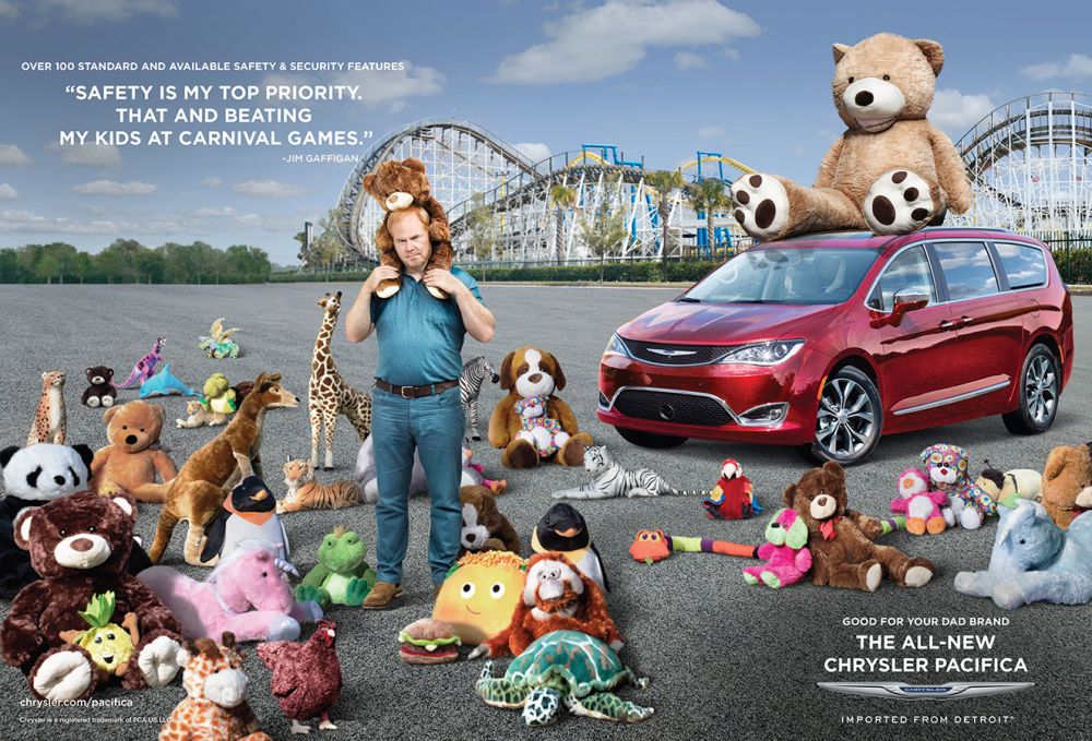 Automotive ad featuring a red Chrysler Pacifica surrounded by stuffed animals, with a man holding a teddy bear on his shoulders.