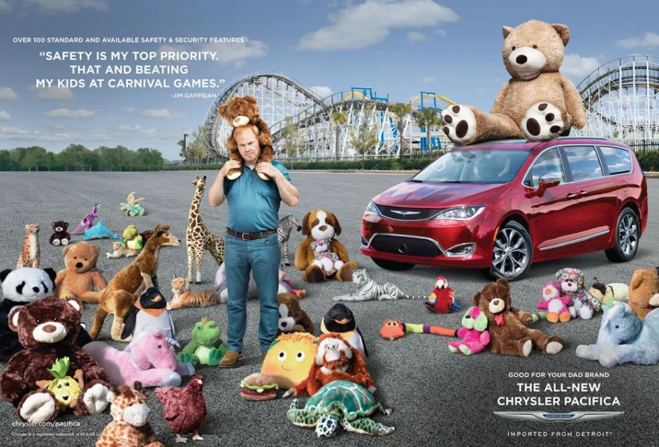 Automotive ad featuring a red Chrysler Pacifica surrounded by stuffed animals, with a man holding a teddy bear on his shoulders.