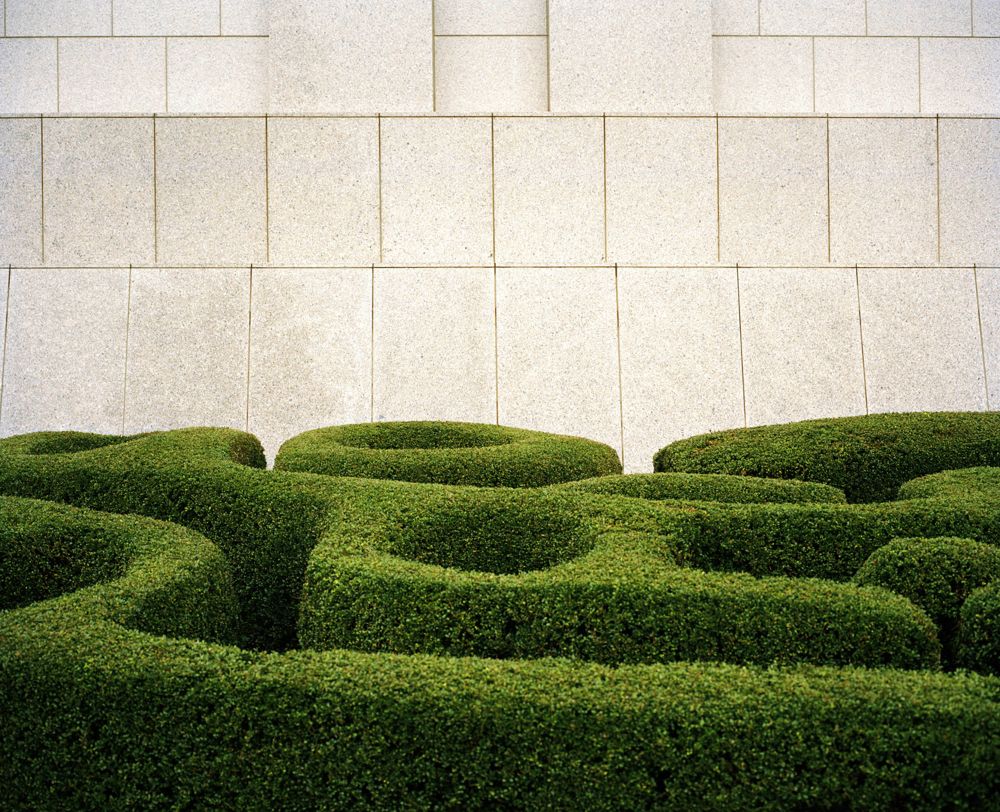 High-angle shot of an outdoor hedge maze with rounded shapes and a geometric stone wall, creating an intricate landscape design.