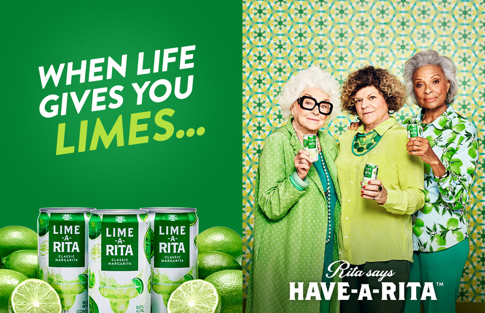 Three elderly women promote Lime-A-Rita in a vibrant, green-themed advertisement. The ad features cans of the beverage and fresh limes.