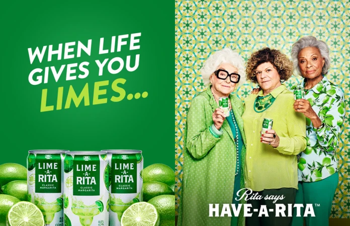 Three elderly women promote Lime-A-Rita in a vibrant, green-themed advertisement. The ad features cans of the beverage and fresh limes.