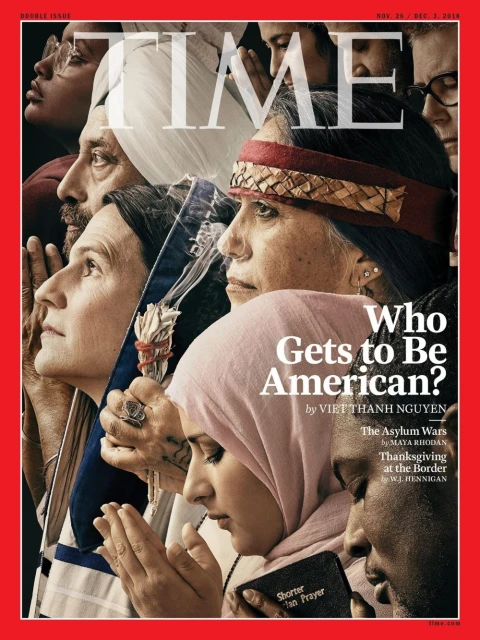 TIME Magazine cover featuring a diverse group of people of different ethnicities and religions looking upwards. The cover asks, 'Who Gets to Be American?'