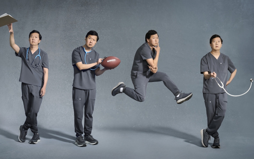 Multiple poses of a doctor in grey scrubs with a stethoscope and football, showcasing various roles and a playful attitude against a grey backdrop.