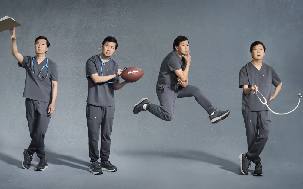 Multiple poses of a doctor in grey scrubs with a stethoscope and football, showcasing various roles and a playful attitude against a grey backdrop.