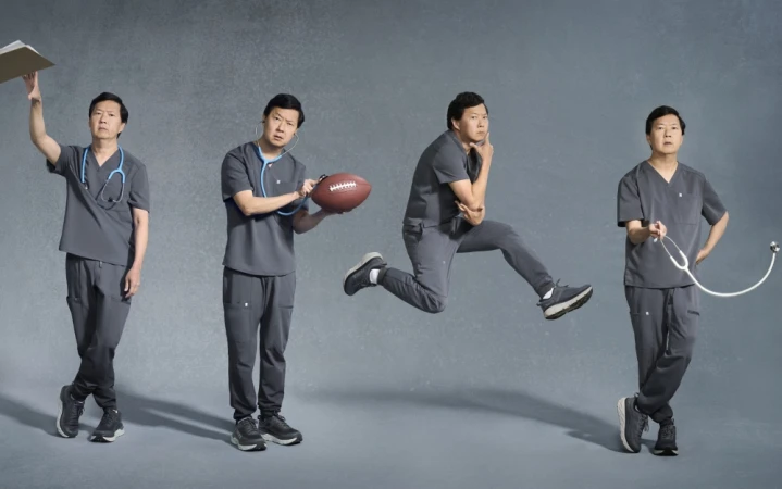 Multiple poses of a doctor in grey scrubs with a stethoscope and football, showcasing various roles and a playful attitude against a grey backdrop.