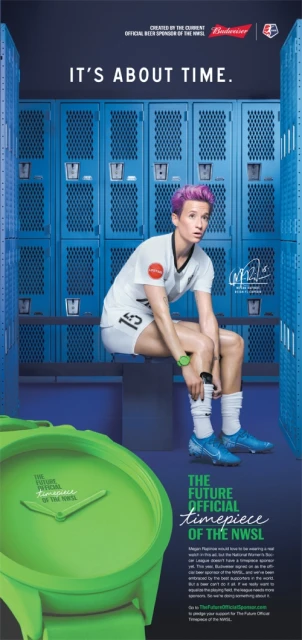 Megan Rapinoe, a professional soccer player, sits in a locker room in a promotional image for the National Women's Soccer League.