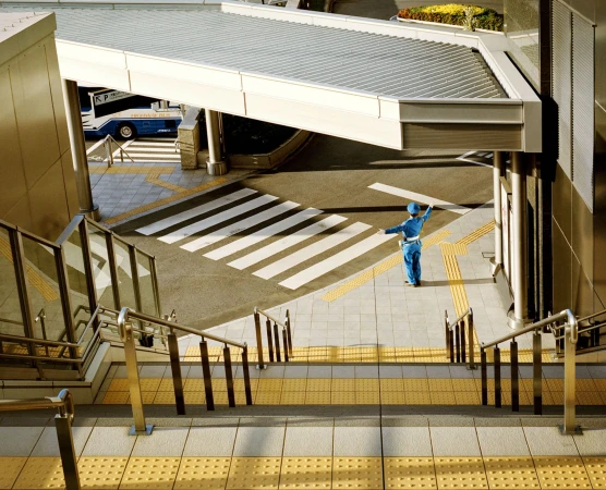 Traffic controller guides pedestrians at a zebra crossing on a city street, viewed from an elevated angle near a staircase with metal railings.