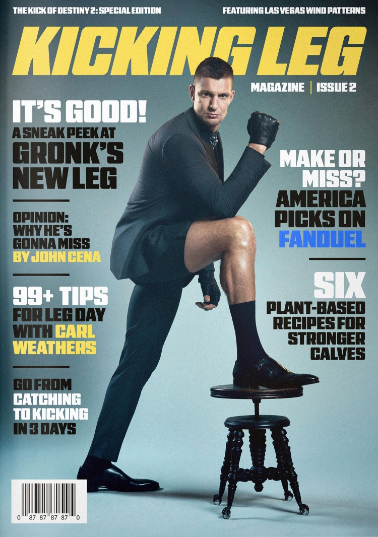 Magazine cover featuring a male athlete in a suit jacket and shorts, leg raised on a stool, promoting 'Kicking Leg Magazine'.