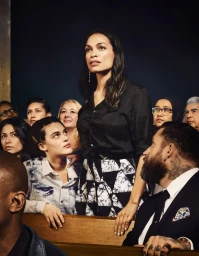 Group of diverse people looking upwards with Rosario Dawson standing prominently in the center wearing a black shirt