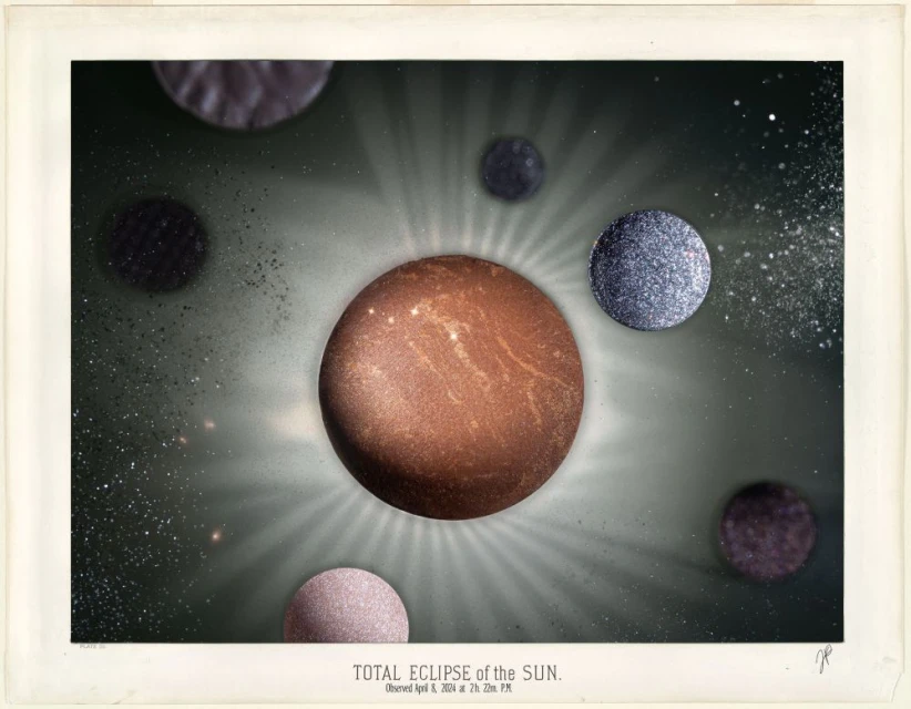 Illustration of a total solar eclipse featuring a large orange orb with light rays emanating, surrounded by smaller, varying colored orbs.