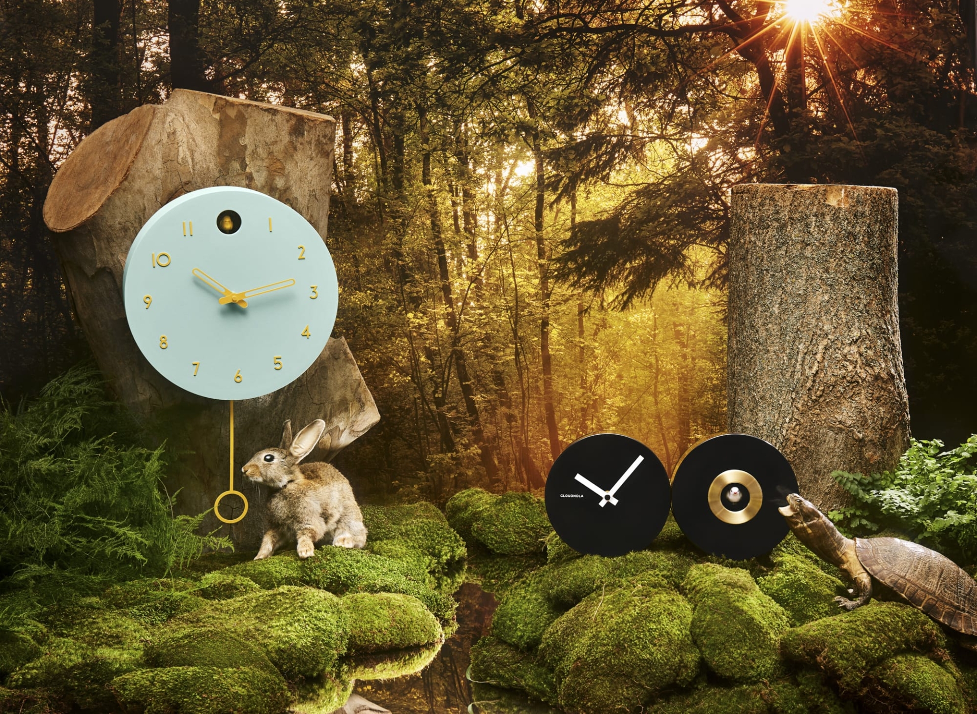 Whimsical forest scene with pastel clock, rabbit, and moss-covered ground, creating a playful nature-themed indoor composition.