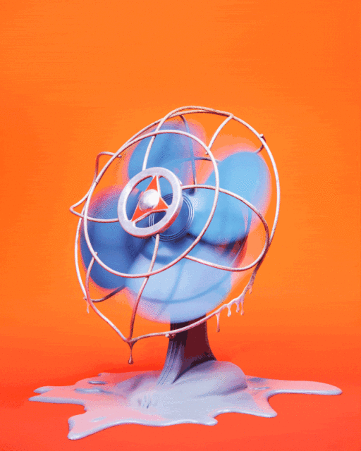 Still life shot of a blue electric fan with a metal safety cage, with drips and a puddle of melting grey material on an orange background.