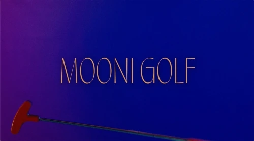 Minimalist studio shot of a red and silver golf putter against a gradient blue background with 'MOONI GOLF' in tan text.