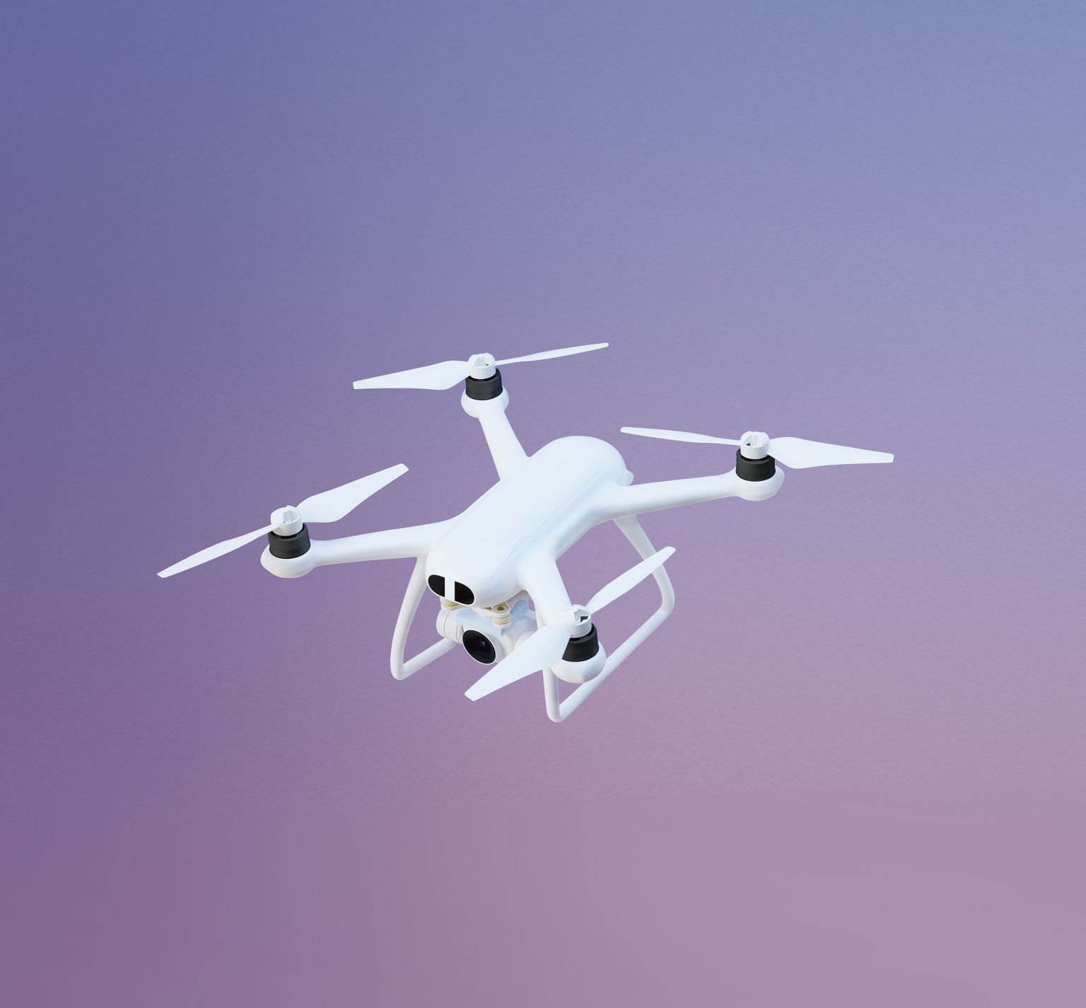A hovering white drone with four propellers against a purple and pink gradient background in an eye-level, medium shot.