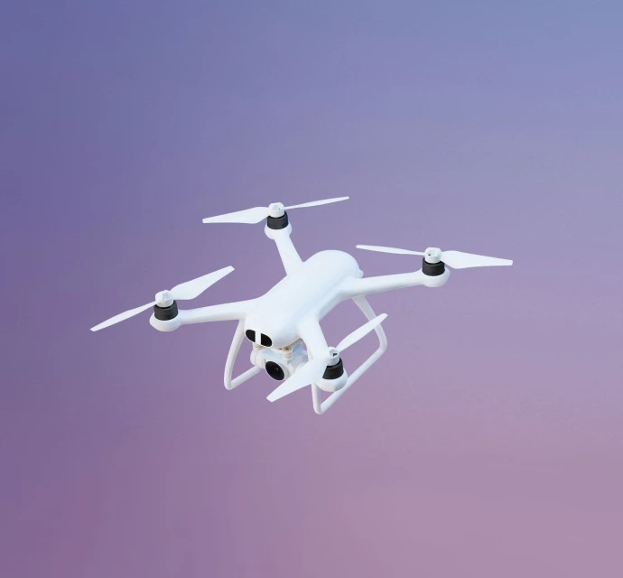 A hovering white drone with four propellers against a purple and pink gradient background in an eye-level, medium shot.