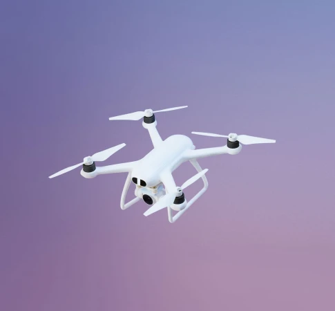 A hovering white drone with four propellers against a purple and pink gradient background in an eye-level, medium shot.