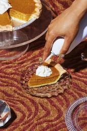 Hand dispensing whipped cream onto a slice of pumpkin pie on a patterned tablecloth, photographed by Jessica Pettway.