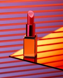 Red lipstick in a metallic case standing on an orange reflective surface against a striped purple and orange background