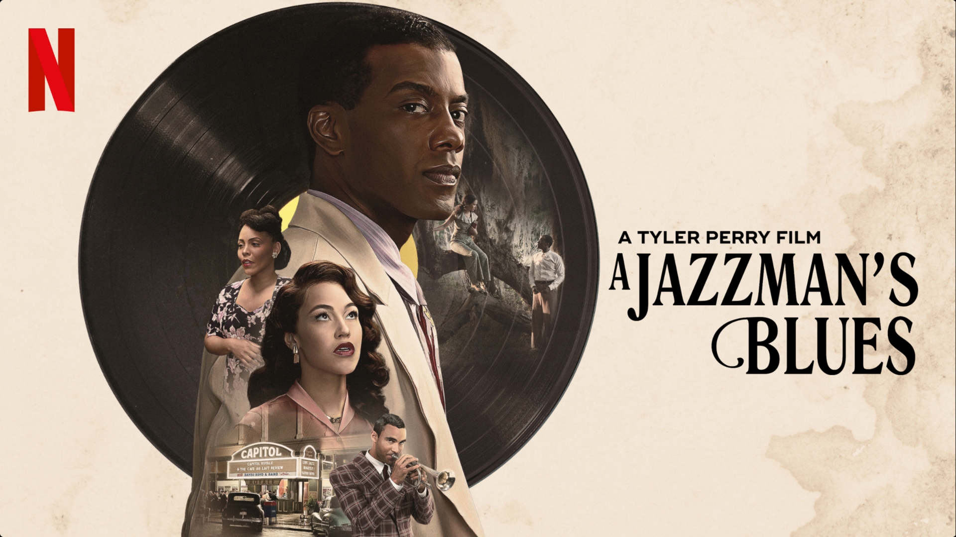 Movie poster for 'A Jazzman's Blues' featuring a black man in a suit, with other characters and a building superimposed on a record.