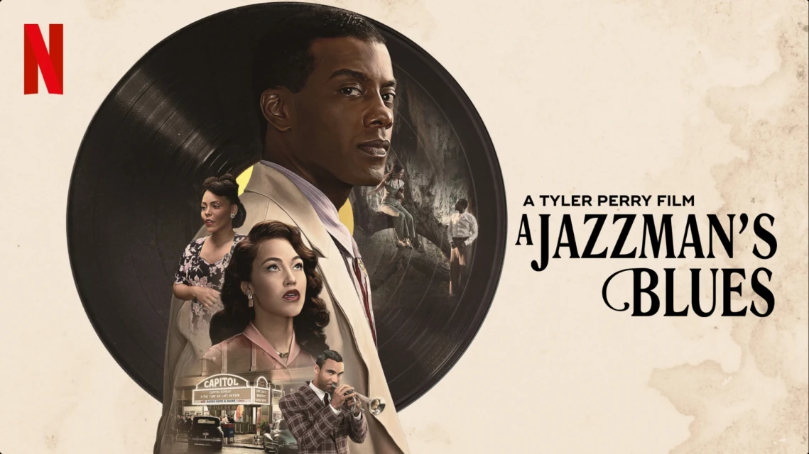 Movie poster for 'A Jazzman's Blues' featuring a black man in a suit, with other characters and a building superimposed on a record.