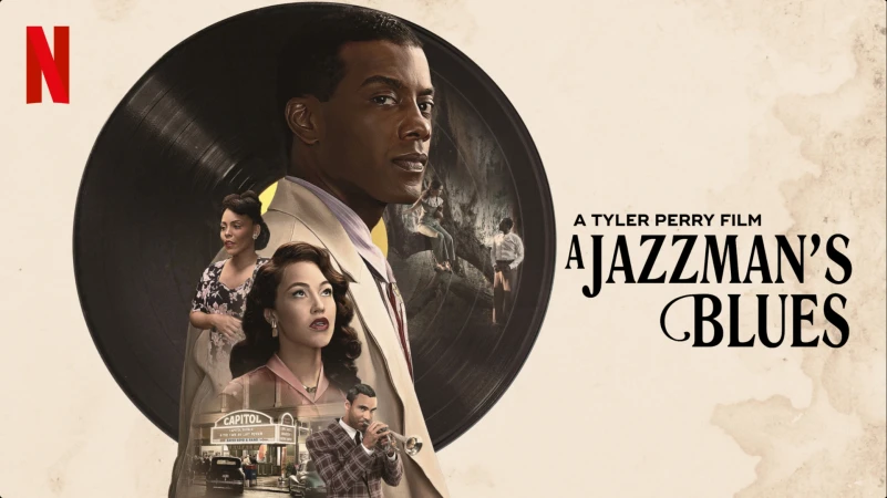 Movie poster for 'A Jazzman's Blues' featuring a black man in a suit, with other characters and a building superimposed on a record.